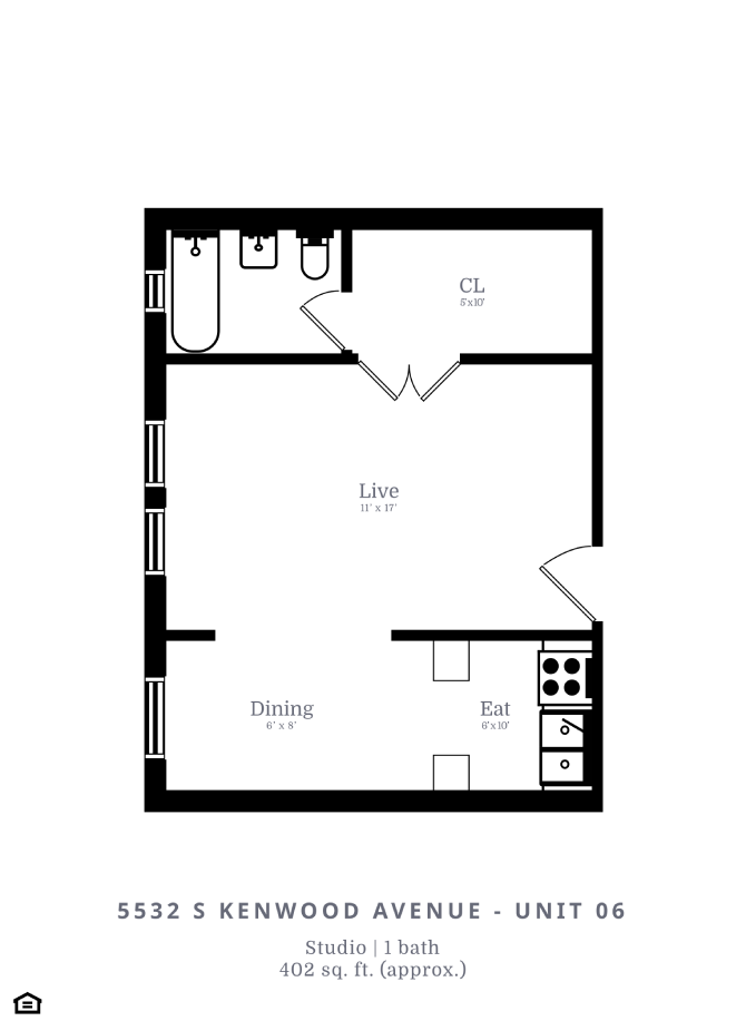 Floor plan for studio, 1 bath, 402 sqft